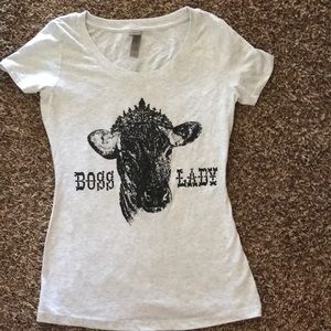 Grey “Boss Lady” farm shirt with crowned cow size small
